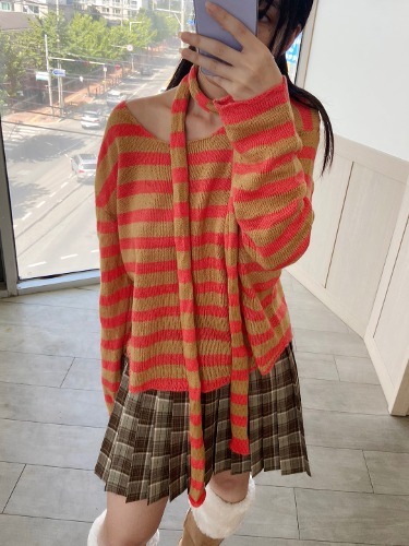 Stripe muffler loose fit knit scarf set (GREEN,ORANGE)